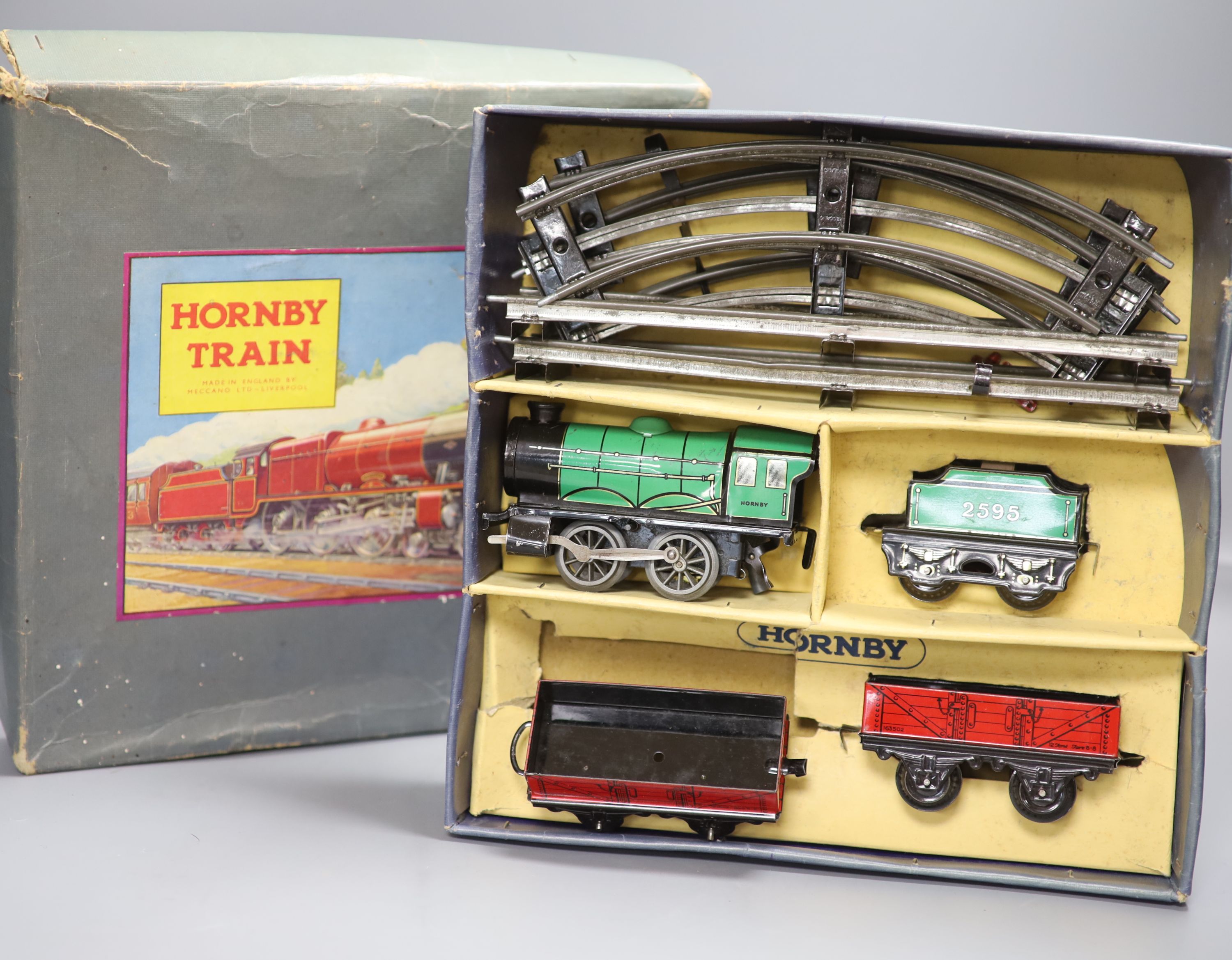 A boxed Hornby MO Goods tinplate train set, post war